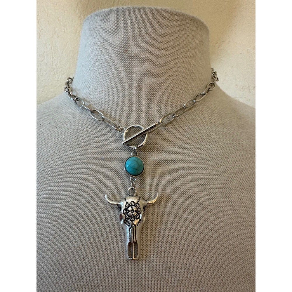 Western Silver Bull Skull Turquoise Paperclip Chain Toggle Necklace